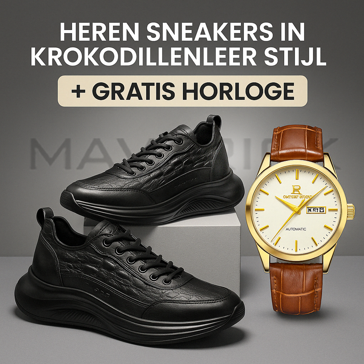 Baskets pour hommes en Krokodillenleer Stijl + Horloge gratuite